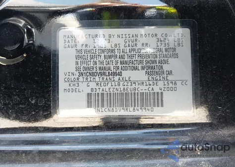 2024 Nissan Versa 1.6 S z USA, uszkodzony, nr VIN 3N1CN8DV9RL849940